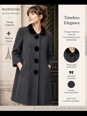 MANOUSH PARIS WOOL BOUCLÉ COAT VELVET BOW FRENCH CHIC COQUETTE RARE FR 36 US 4